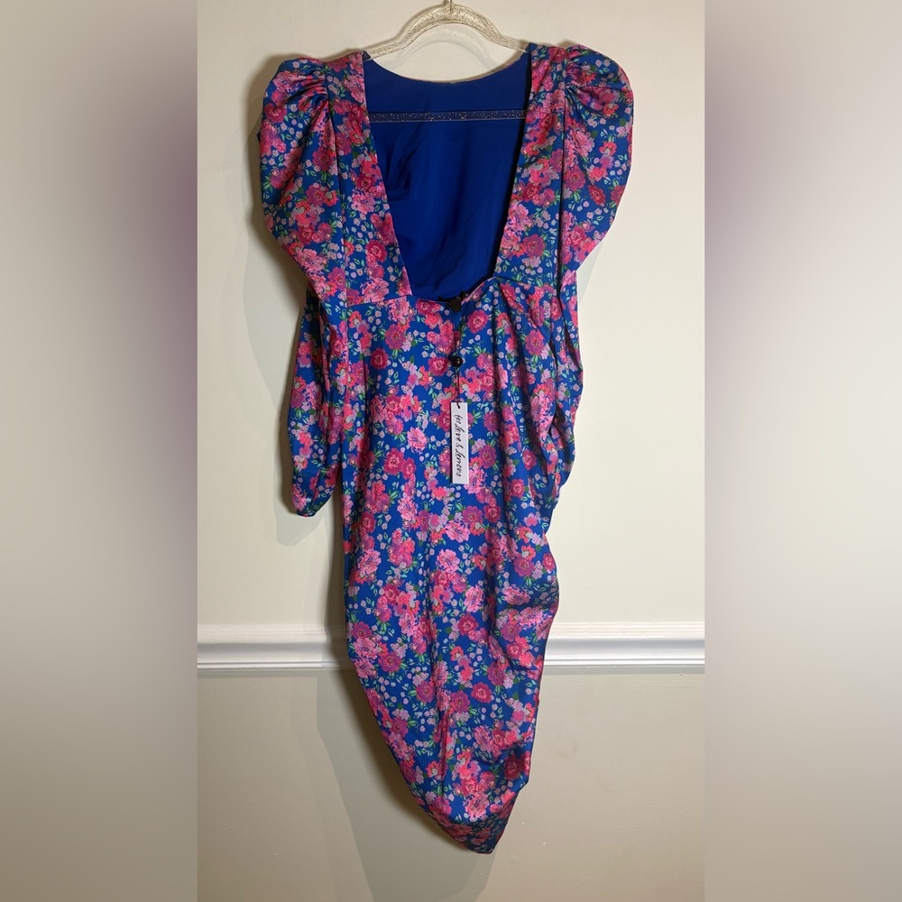 For Love & Lemons NWT Annie Ruched Satin Midi Dress in Cobalt/Pink Floral Small - Picture 6 of 9